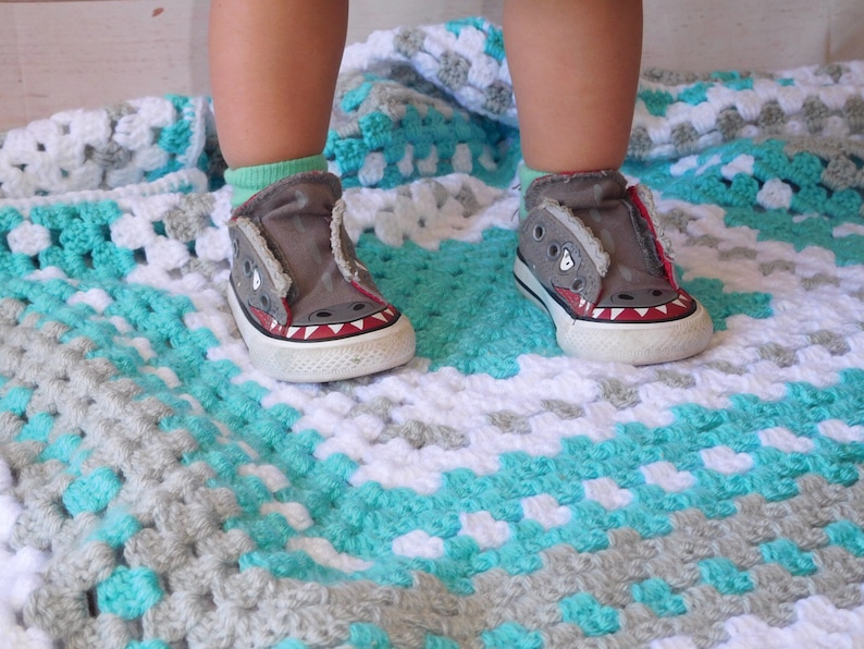 Crochet baby blanket, Turquoise baby blanket turquoise crocheted blanket turquoise gray and white baby afghan granny square blanket image 2