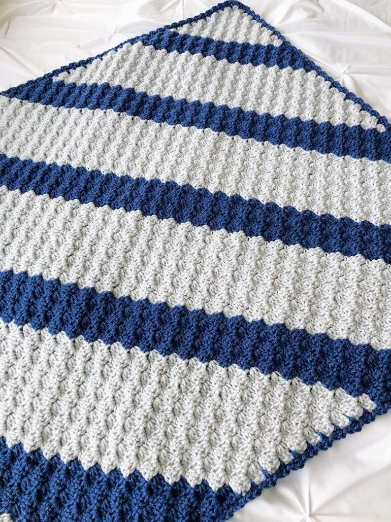 Crochet baby blanket gray and blue striped crocheted blanket blue and grey baby afghan nursery decor c2c image 5