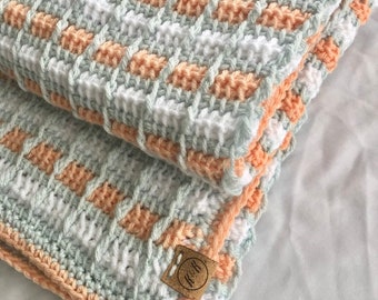 crochet baby blanket, peach, light blue green and white blanket, peach baby blanket, tunisian crochet afghan, nursery decor, baby shower