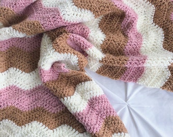 crochet baby blanket -rose pink baby blanket -pink brown ivory blanket - Crib size, Baby shower gift - nursery decor