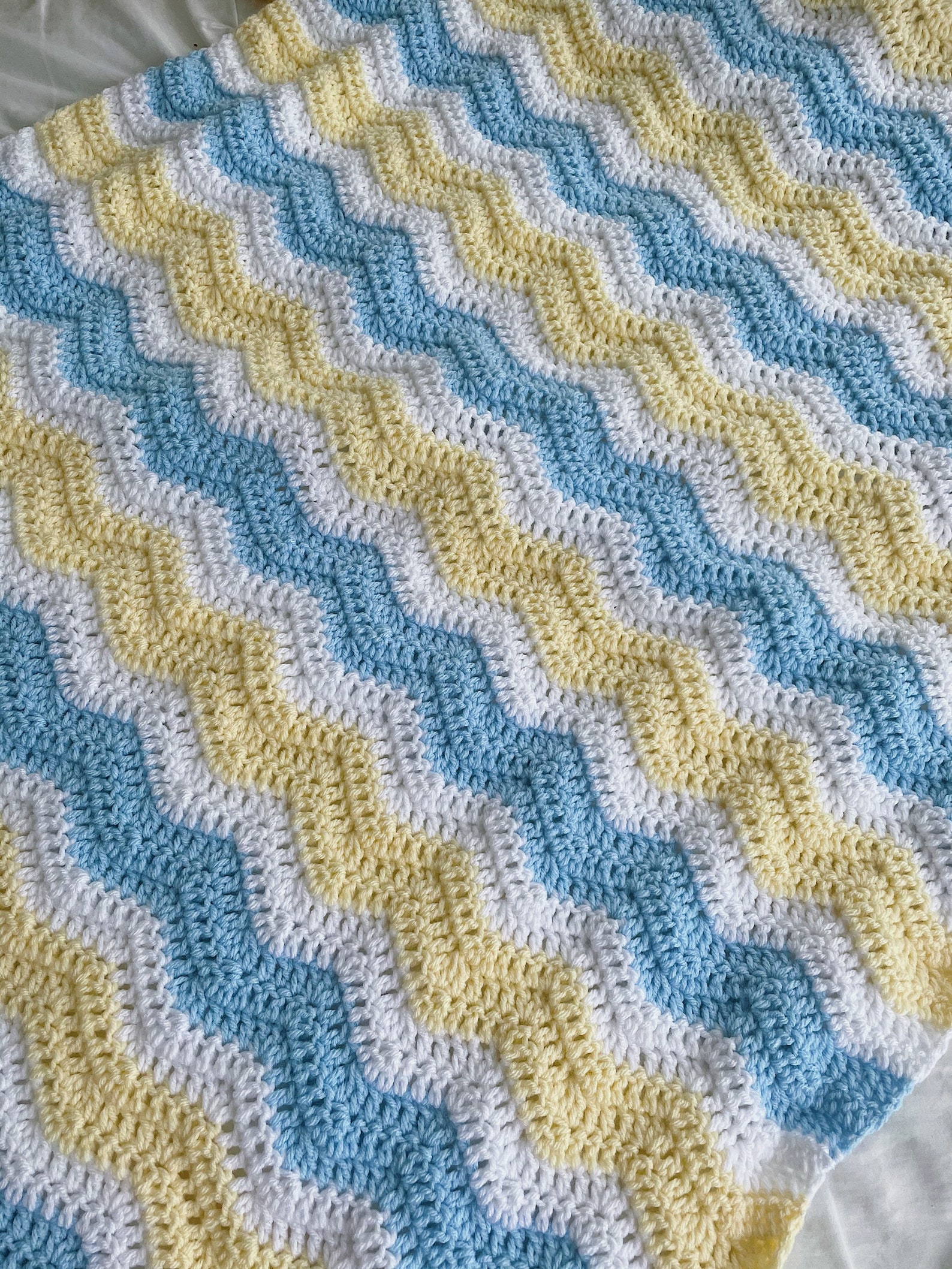 Crochet Baby Blanket Blue Yellow and White Crocheted Baby Etsy