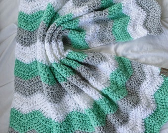 crochet baby blanket - mint and gray Baby blanket - ocean green gray white blanket, chevron stripes,  crib size - baby nursery