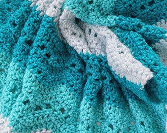 Turquoise Crochet Baby Blanket: Ripple Design, Soft Acrylic Yarn
