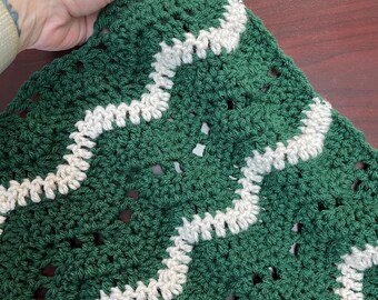 Handmade Crochet Baby Blanket: Green & Ivory Ripple Afghan