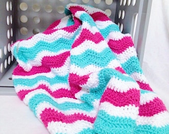 Crochet Baby Blanket: Turquoise, Pink & White Ripple Afghan