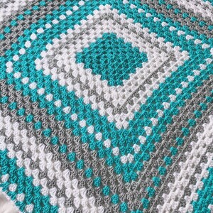 Crochet baby blanket, Turquoise baby blanket turquoise crocheted blanket turquoise gray and white baby afghan granny square blanket image 5