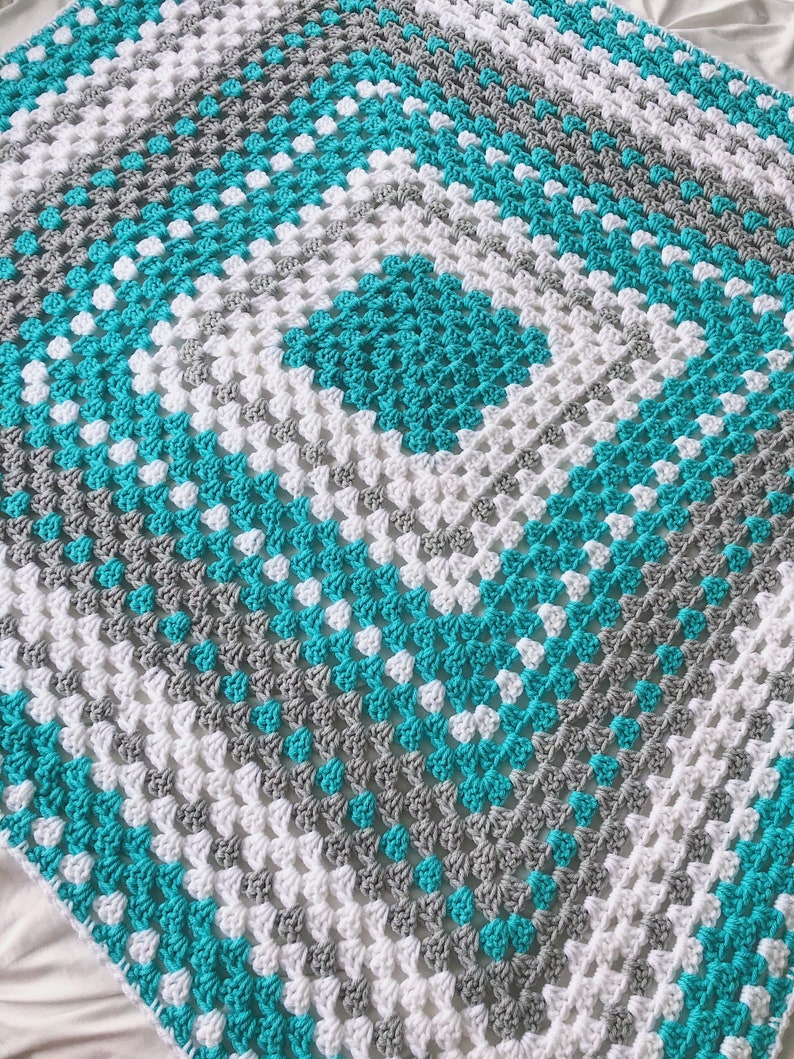 Crochet baby blanket, Turquoise baby blanket turquoise crocheted blanket turquoise gray and white baby afghan granny square blanket image 5