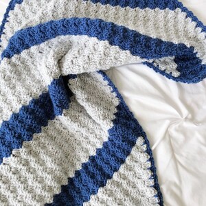 Crochet baby blanket gray and blue striped crocheted blanket blue and grey baby afghan nursery decor c2c image 1