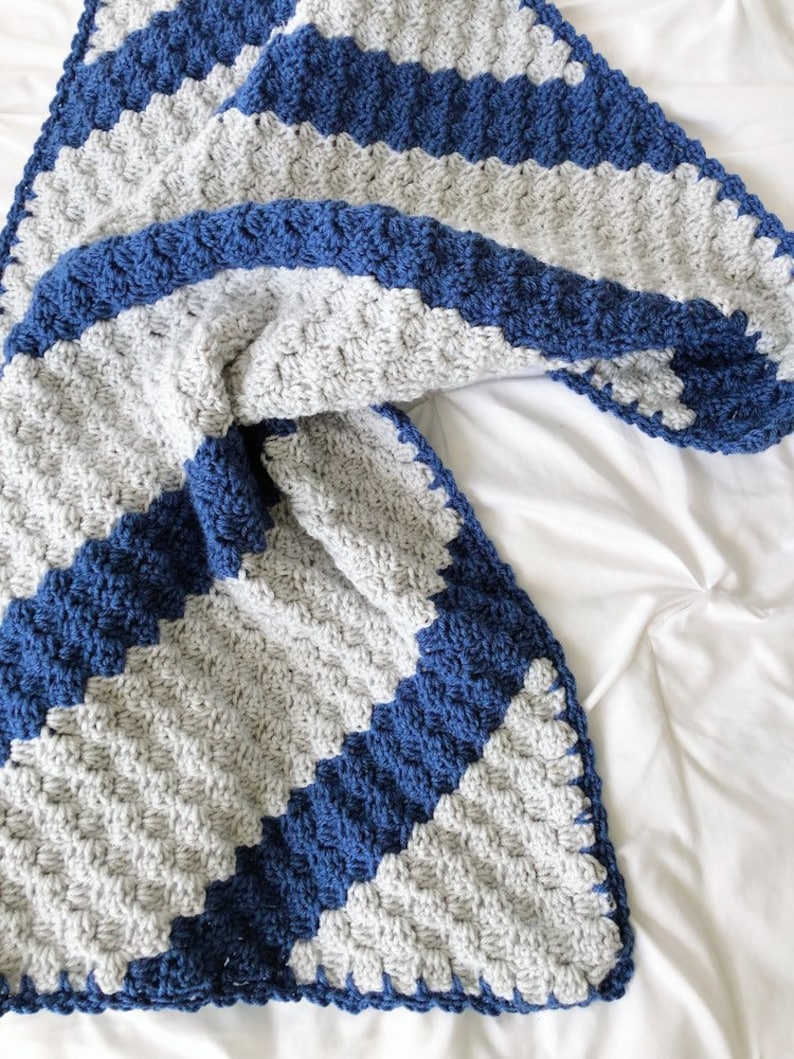 Crochet baby blanket gray and blue striped crocheted blanket blue and grey baby afghan nursery decor c2c image 1