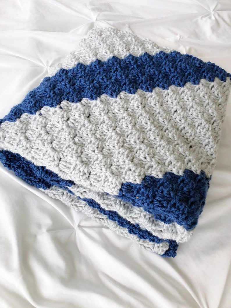 Crochet baby blanket gray and blue striped crocheted blanket blue and grey baby afghan nursery decor c2c image 3
