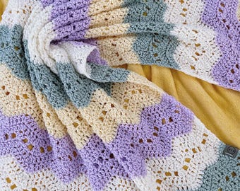 Crochet Baby Blanket: green, Lavender, cream and Ivory Ripple Afghan
