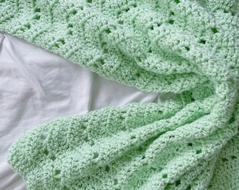 Crochet Baby Blanket: Mint Green Ripple Afghan, Lace Detail