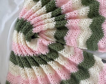 Crochet Baby Blanket: Sage Green, Pink, and Ivory Ripple Design