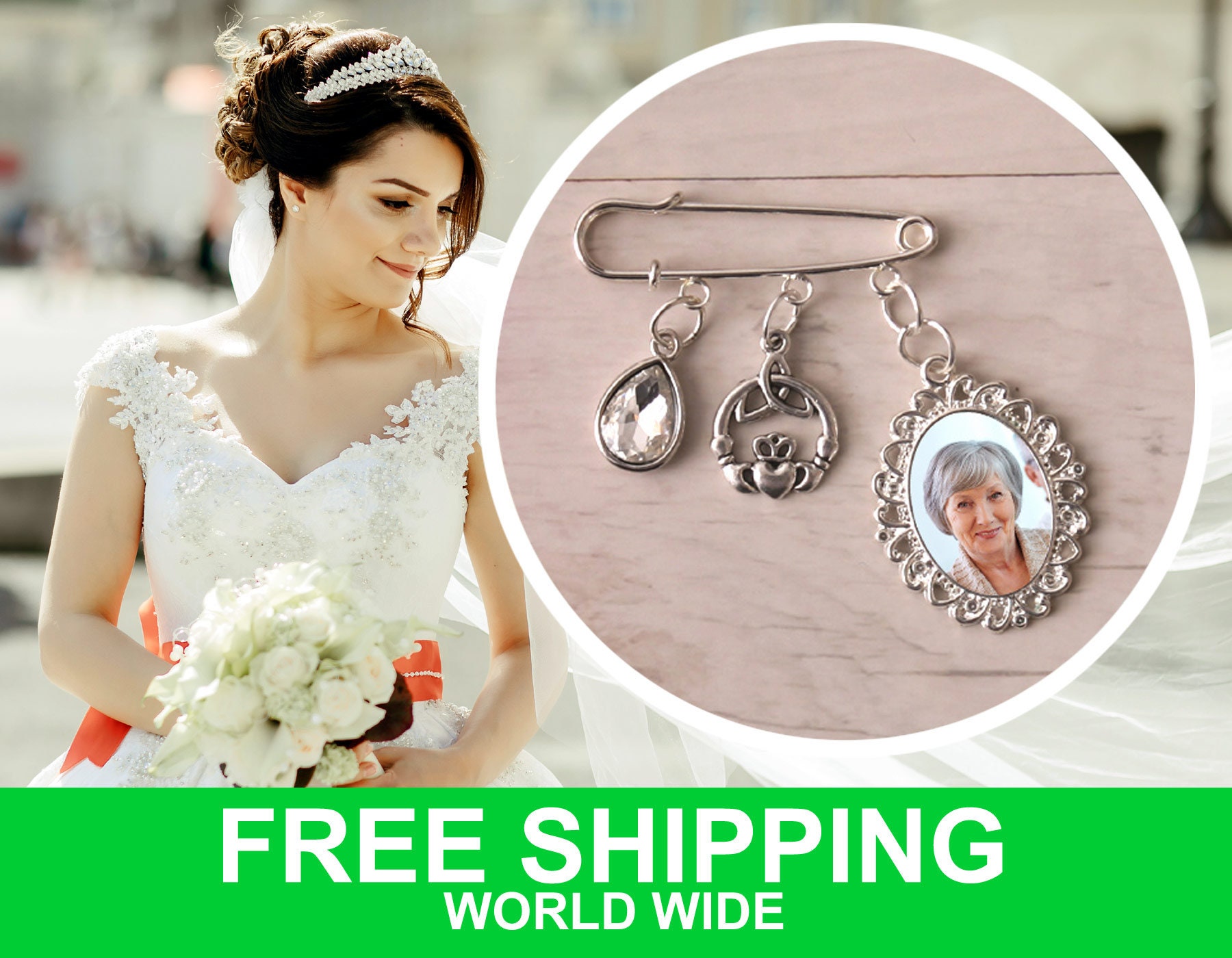 Celtic Bridal Bouquet Memory Photo Charm Brooch and Kilt Pin. 