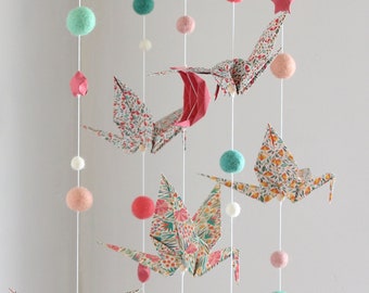 Mobile Moon, cranes, stars & origami leaves and felted wool balls //In shades of pink and green //Unique piece