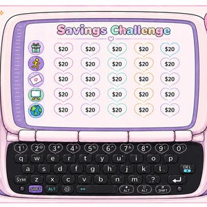 May include: A light pink digital savings challenge tracker designed like a handheld electronic device with a QWERTY keyboard. The screen displays the text Savings Challenge and a grid of heart icons, each labeled $20, alongside small circular icons.