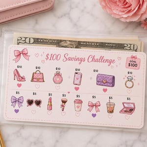 May include: A clear plastic savings challenge envelope containing a twenty-dollar bill. The insert features a pink background with the text $100 Savings Challenge, illustrations of fashion and beauty items, and designated spots for $5 and $10 increments.