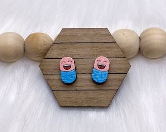 Happy Pill Hand Painted Wooden Stud Earrings. Gifts For Her, Wood Jewellery, Gift For Nurses, Carers Gift, Healthcare Gift