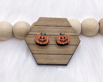 Pumpkin Hand-painted Wooden Stud Earrings. Gifts For Her, Mini Studs, Wooden Jewellery, Halloween Earrings, Eco Friendly