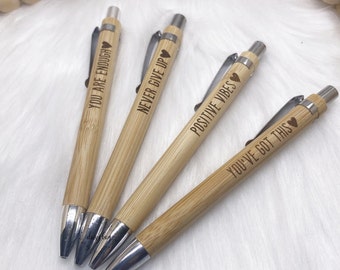 Positive Pen Bamboo Engraved Pen & Pouch, Eco-Friendly Stationery, Positive Vides, You've Got This, Never Give Up, Well Being Gift, For Her