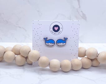 Blue Whale Stud Earrings, Handpainted Wooden Earrings, Ocean Jewellery, Animal Studs, Gift For Her, Unique Earrings, Cute Jewellery, Eco