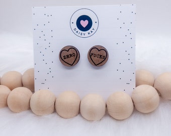 Zero Fucks Wooden Stud Earrings. Gifts For Her, Minimal Studs, Birthday Gift, Rude Earrings, Provanity Studs, Sweary Gifts, Eco Friendly