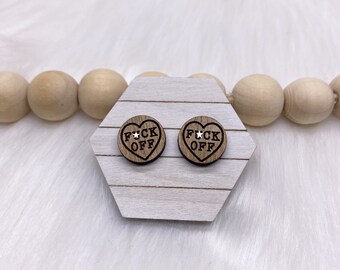 Fuck Off Walnut Wood Stud Earrings: Rude Sweary Gifts