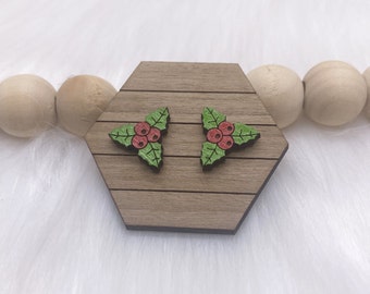 Bright Holly Hand Painted Wooden Stud Earrings. Gifts For Her, Mini Studs, Wood Jewellery, Christmas Stud Earrings, Stocking Filler
