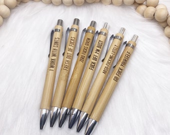 Rude Sweary Laser Engraved Bamboo Pen & Pouch, Eco-Friendly, Gift For Colleague, Zero Fucks Given, Fuck Off I'm Busy, Sweary Stationery