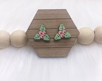 Pastel Holly Hand Painted Wooden Stud Earrings. Gifts For Her, Mini Studs, Wood Jewellery, Christmas Earrings, Stocking Filler