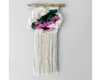 Fairy Boho Woven Wall Hanging, Pink and Green Tapestry, Modern Weaving, Modern Fiber Art, Home Decor, Wool Roving, Nursery Decor, Art Yarn