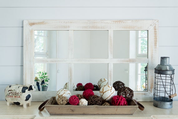 Farmhouse Rustic White Windowpane Wall Mirror Etsy