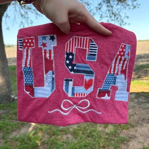 Embroidered USA Bow T-Shirt | Fourth of July Women's Tee | America Patchwork Shirt