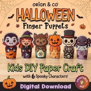 May include: Six Halloween finger puppets featuring a vampire, witch, werewolf, pumpkin, skeleton, and spider. The digital download includes text reading ORION & CO HALLOWEEN Finger Puppets Kids DIY Paper Craft with 6 Spooky Characters! Printable PDF.