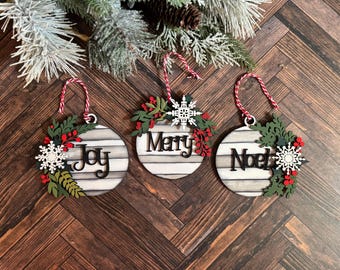 Farmhouse Style Mistletoe & Holly Shiplap Christmas Ornament Set of 3 SVG Digital Download for Glowforge or Laser -Not a Physical Product