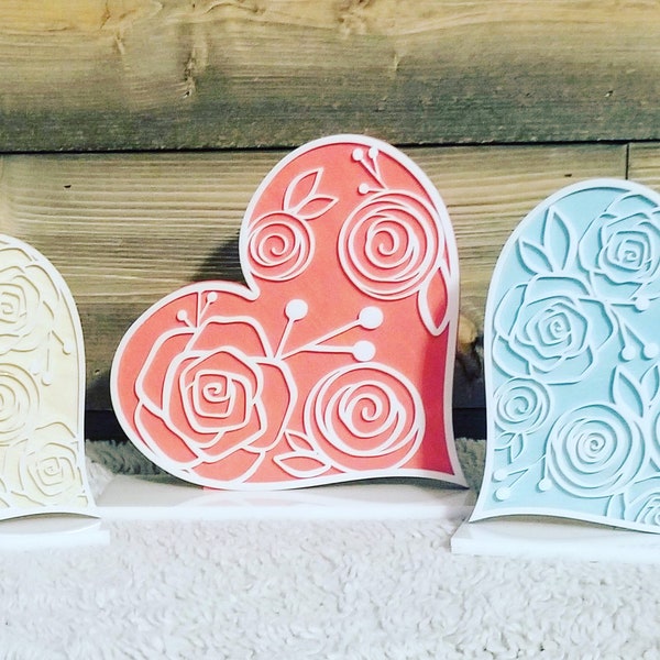 Floral Valentine Hearts on Stands for Mantle or Table Top -SVG Digital Download for Glowforge -Not a Physical Product