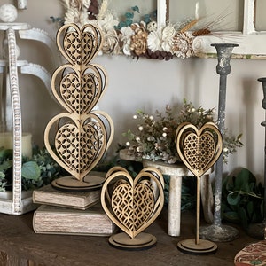 3D Stacked Hearts Farmhouse Style Set de 3 cannes en rotin SVG Téléchargement numérique pour Glowforge ou laser pour 1/8 « Matériau uniquement
