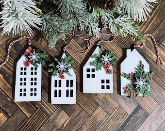 Mistletoe & Holly House Ornaments Set of 4 Double Layer and 4 Single Layer Ornament Sets SVG Digital Download for Glowforge or Laser