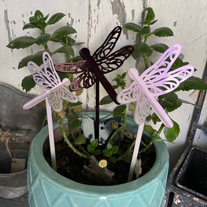 May include: Three metal dragonfly garden stakes in a pot of green plants. The dragonflies are in shades of purple, pink, and black.