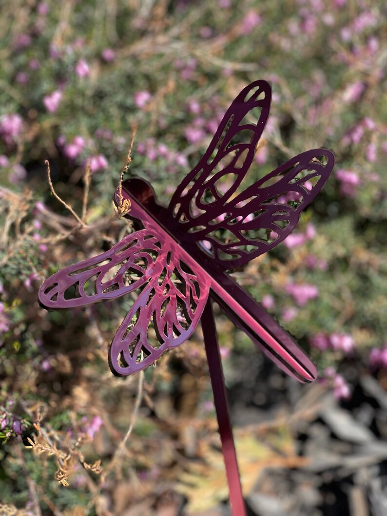 May include: A metal dragonfly garden stake with a burgundy finish. The dragonfly has a detailed, intricate design and is set against a blurred background of purple flowers.