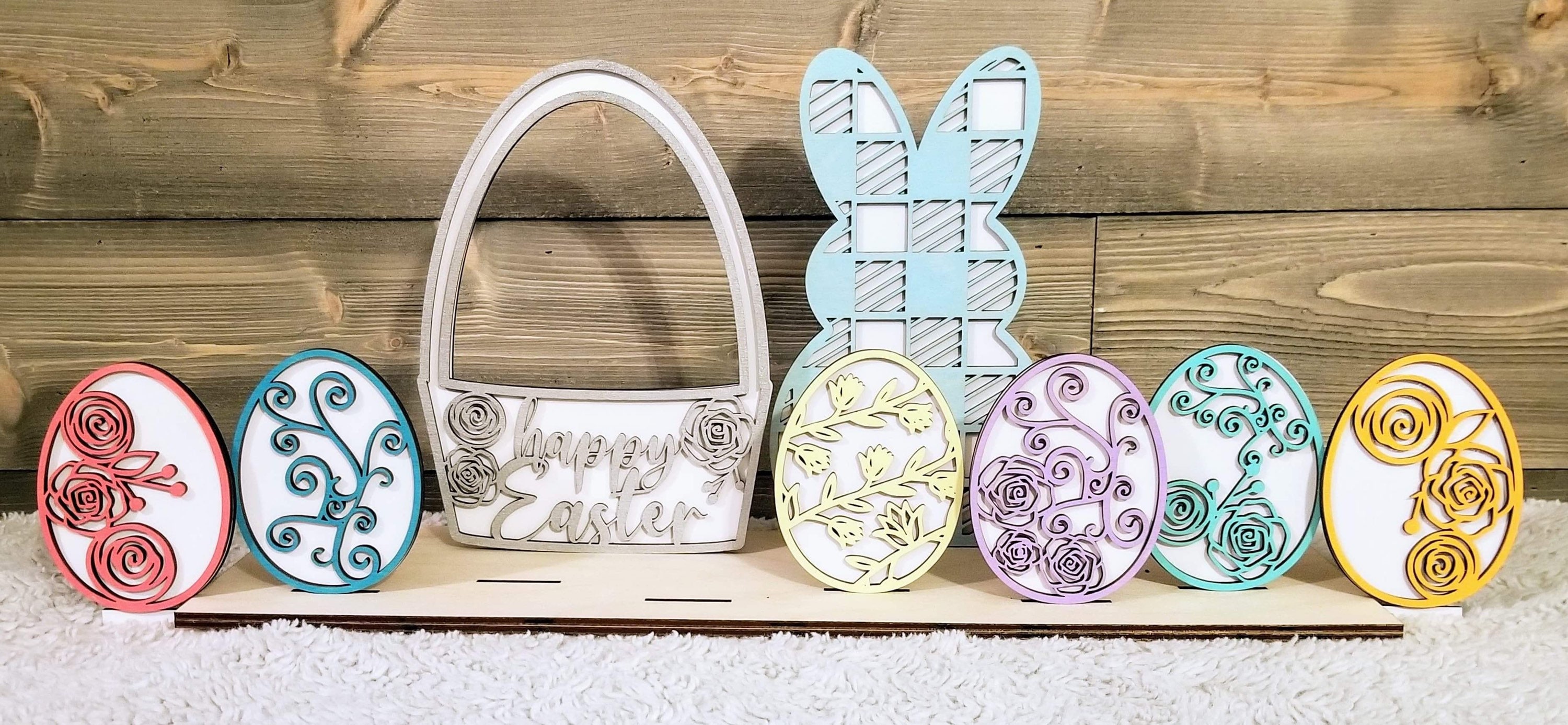 Happy Easter Set With Bunny, Basket, and 6 Easter Eggs With Stands and ...