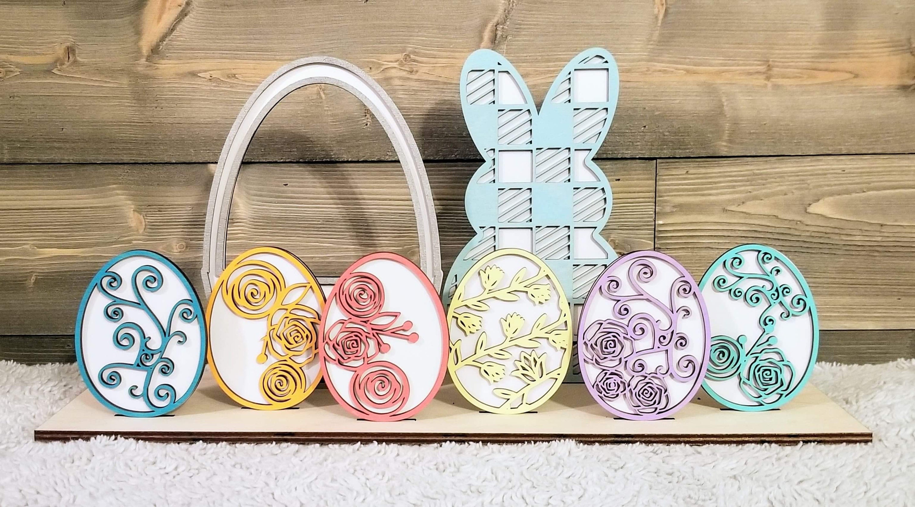 Happy Easter Set With Bunny, Basket, and 6 Easter Eggs With Stands and ...
