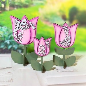 Ornate Flourish Tulip Trio Shelf Sitter SVG Digital Download for Glowforge or Laser For 1/8” & 1/4” Material-Read Item Description