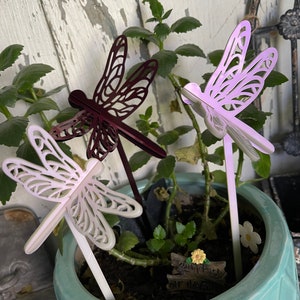 May include: Three decorative metal dragonfly garden stakes in a pot of green plants. The dragonflies are white, purple, and maroon.
