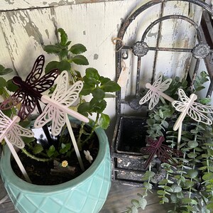 May include: A close-up of a potted plant with five dragonfly garden stakes. Two of the stakes are white with pink accents and three are brown. The stakes are inserted into the soil of the potted plant. The plant is in a light blue pot with a textured pattern. The pot is sitting on a wooden surface.