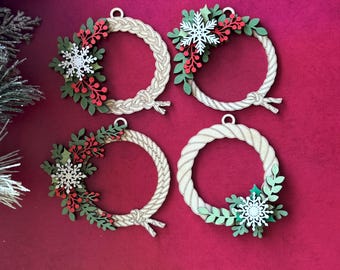 Mistletoe & Holly Rope Wreath Christmas Ornament Set of 8 SVG Digital Download for Glowforge or Laser -Not Physical READ Item Description