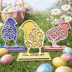 May include: Three wooden chick decorations in purple, yellow, and pink, each with a decorative cutout design. The chicks stand on matching colored bases, surrounded by Easter eggs and a basket of eggs in a grassy setting.