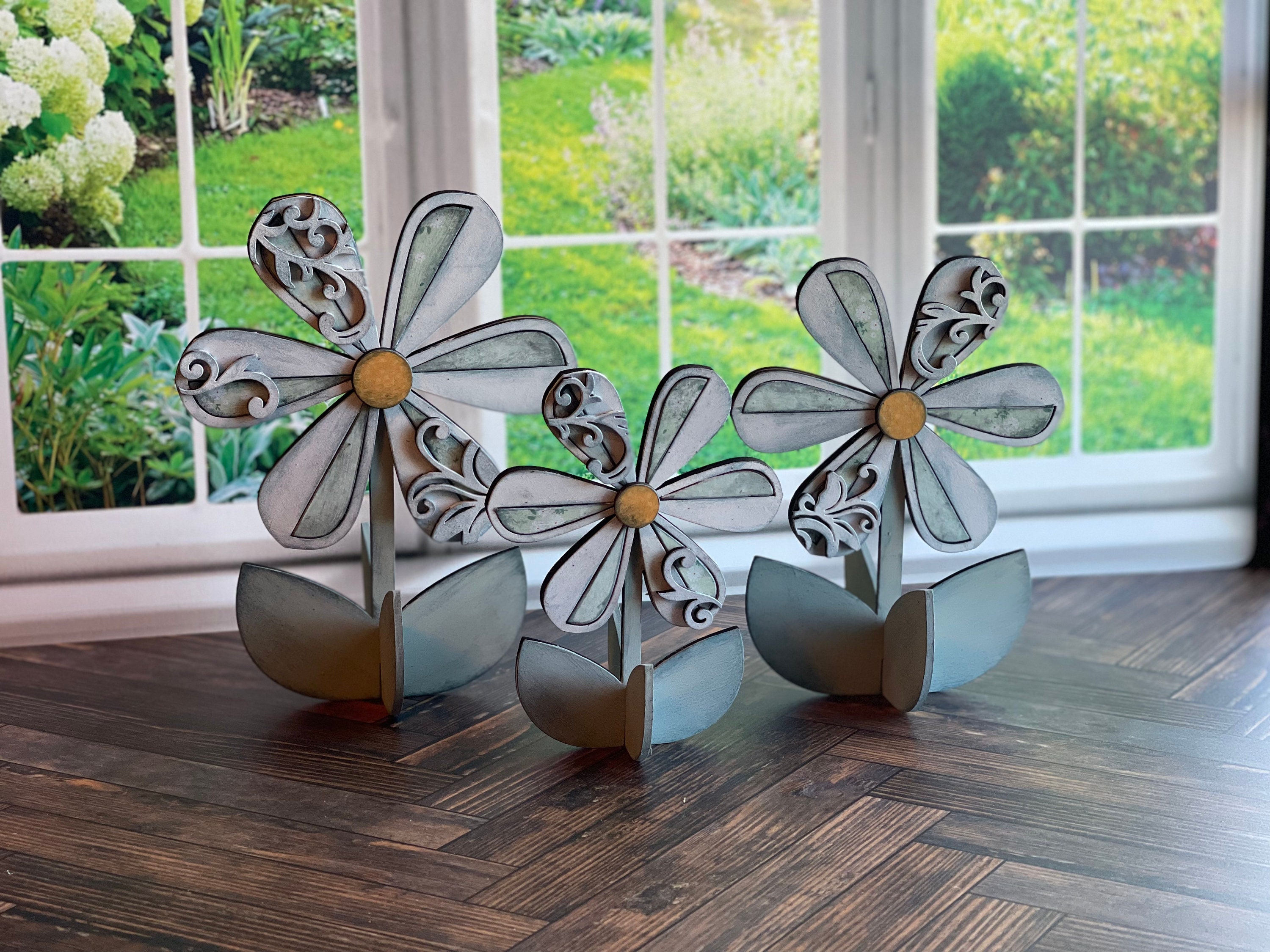 Flourish Daisy Trio SVG Digitaler Download für Glowforge oder Laser für 1/8" & 1/4" Material - Kein physischer Artikel - Artikelbeschreibung lesen