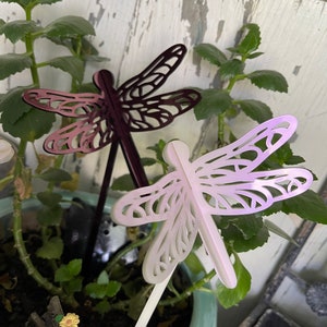 May include: Two decorative metal dragonfly garden stakes. One is purple and the other is white. The stakes are inserted into a pot of green plants.