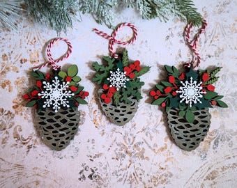 Mistletoe and Holly Pine Cone Christmas Ornament Set of 4 SVG Digital Download for Glowforge or Laser -Not a Physical Item Read Item Details